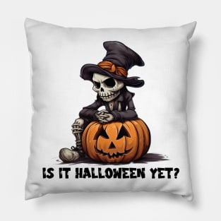 Is it Halloween Yet? Adorable Sad Skeleton Resting on a Jack-o-Lantern Pillow