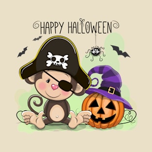 Happy Halloween Pirate Monkey and Pumpkin Witch T-Shirt