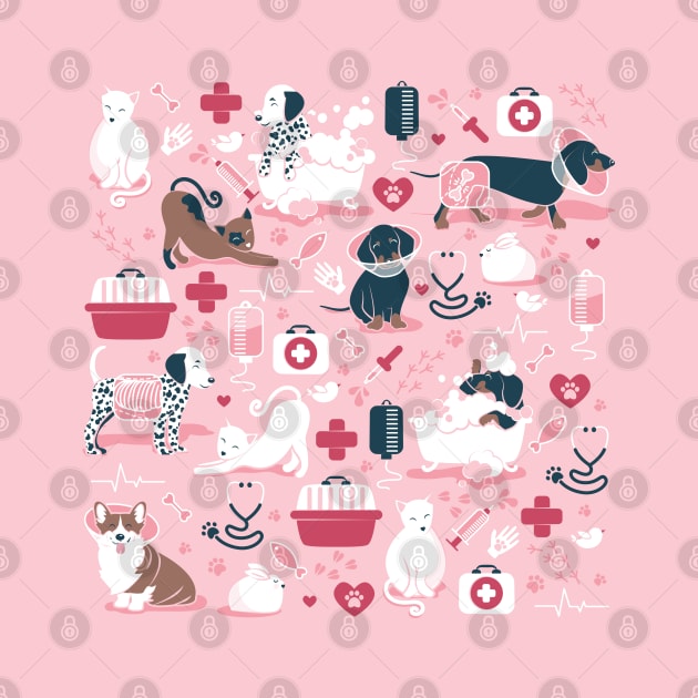 Veterinary medicine, happy and healthy friends // pastel pink background red details navy blue white and brown cats dogs and other animals by SelmaCardoso