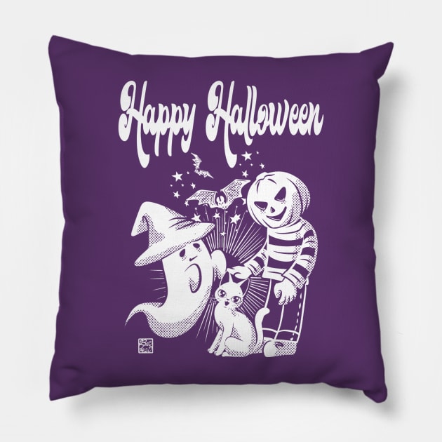 Black cat, pumpkin man, and ghost Pillow by BATKEI