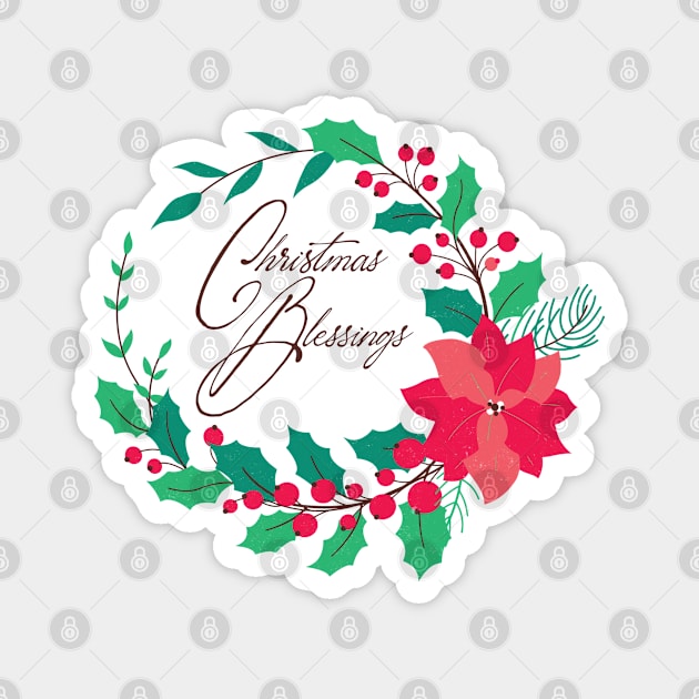 Christmas Blessings Poinsettia and Berry Wreath Magnet by SharksOnShore