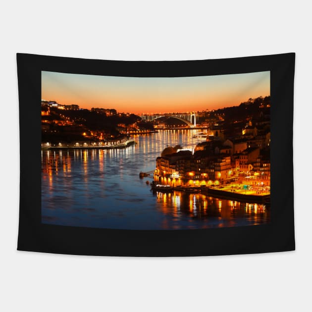 Ponte da Arrabida and Ribeira at dusk, Porto Tapestry by Kruegerfoto