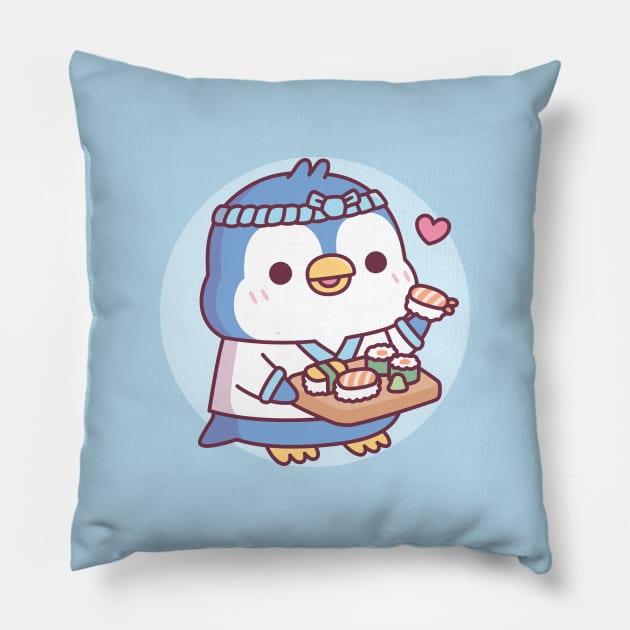 Cute Blue Penguin Sushi Chef Pillow by rustydoodle