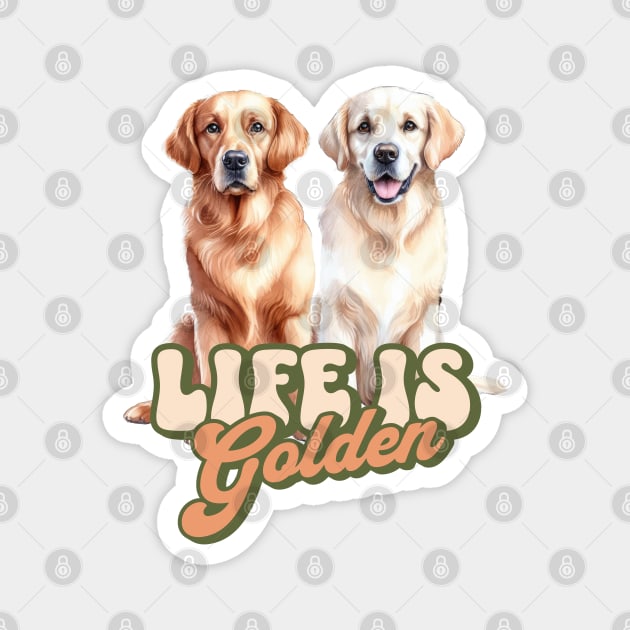 Two Golden Retrievers Quote Life Is Golden Groovy Retro Design Magnet by Tintedturtles