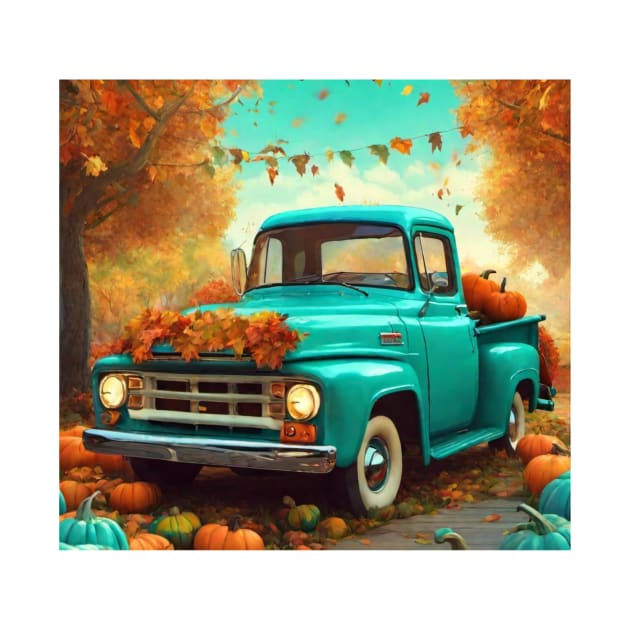 Cute Aqua Blue Vintage Little Pickup Truck Happy Fall Y'All by Little Duck Designs