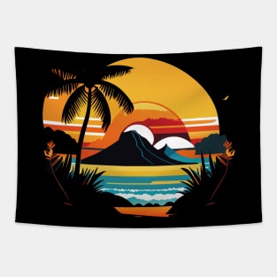 Majestic Coastal Sunset: Palm Trees, Mountains, and the Beach Tapestry