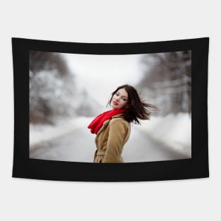 Beautiful brunette with hair blown by wind in the winter Tapestry