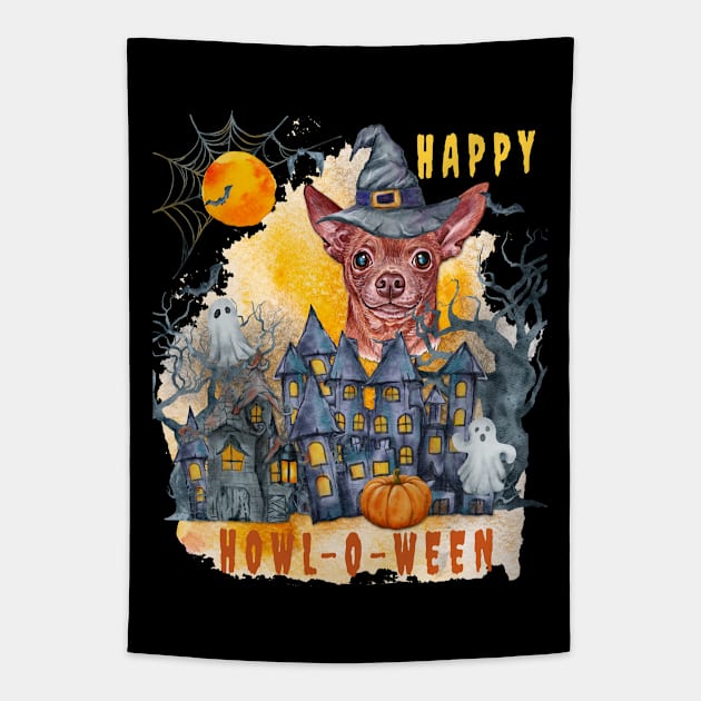 Chihuahua Happy Howl-o-ween Ghost Houses Funny Watercolor Tapestry by Sniffist Gang