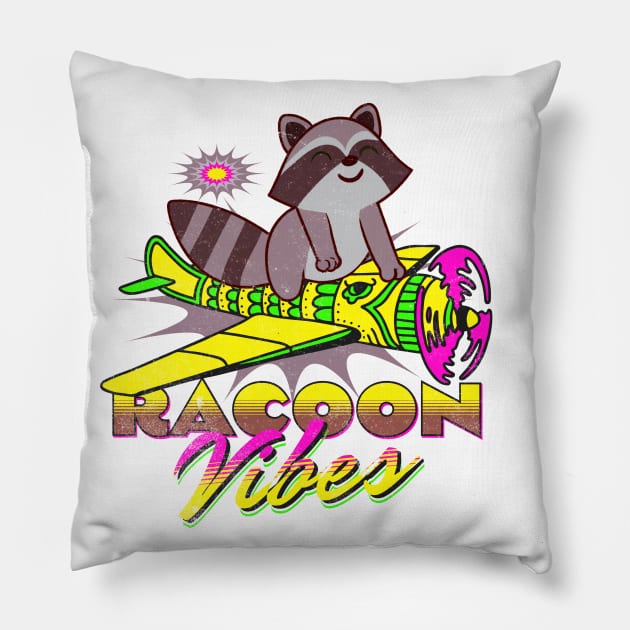 Funny Racoon Design For Kids Racoons Retro Airplane Vibes Pillow by alcoshirts