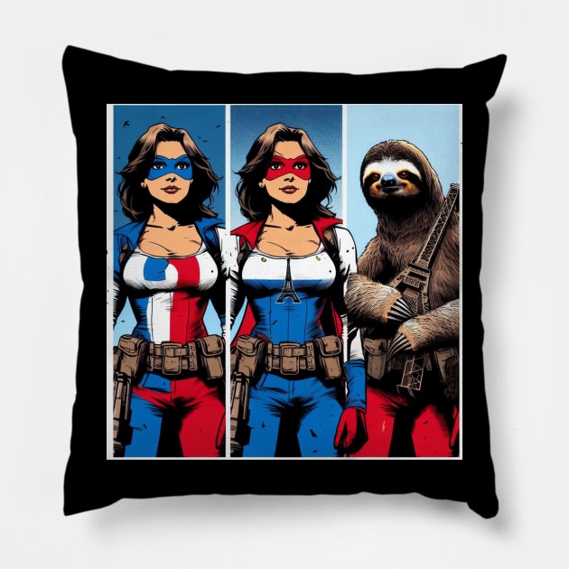 Francais: Female Gritty 80's Comic Book Hero with Sloth 1 Pillow by Woodpile