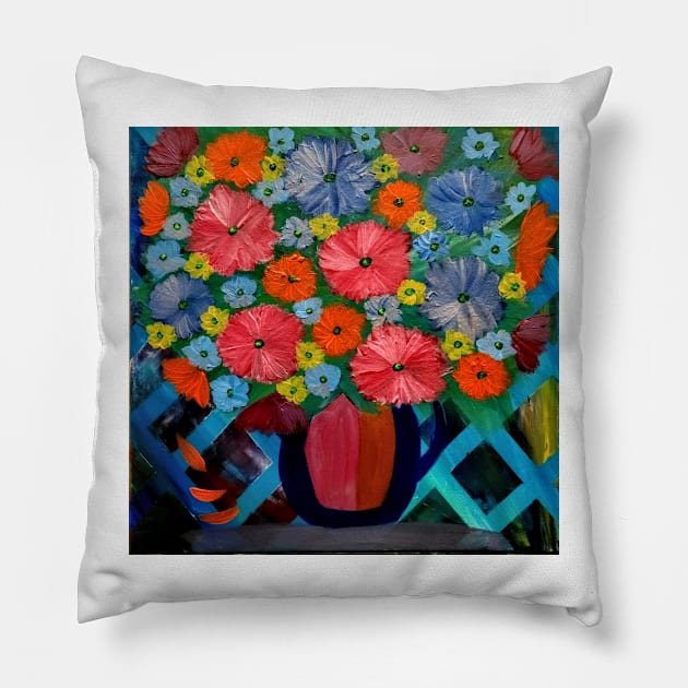 Colorblock layered background and mixed flowers in Bright colors in a vase Pillow by kkartwork