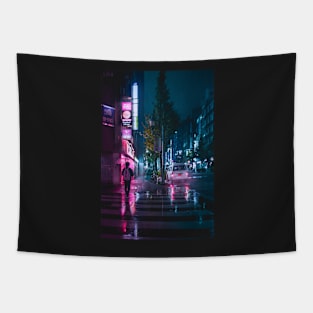 Japanese Walking home in the rain from the grind. Pink and purple reflections. Tapestry