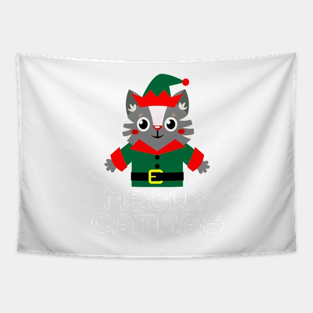 Meowy Catmas Cute Kawaii Cat Christmas Elf Santa's Little Helper Tapestry by teemaniac