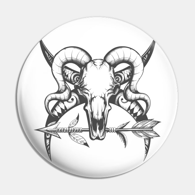 Bull Skull and Indian Arrow Monochrome Tattoo Pin by devaleta