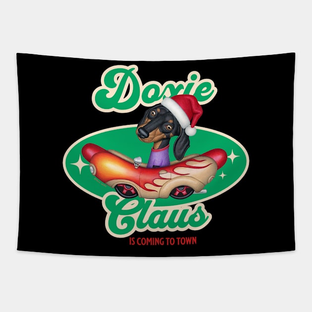 Funny cute Doxie Dog in classic hotdog car on Doxie Claus Dachshund Tapestry by Danny Gordon Art