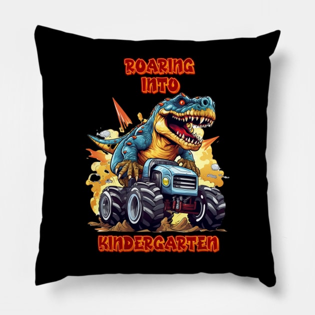 Roaring Into Kindergarten T Rex And Monster Truck Pillow by coollooks