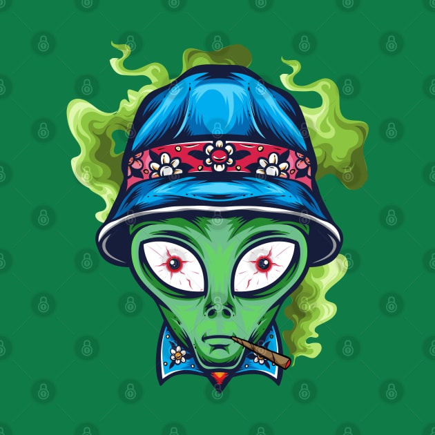 drunken green  alien wear blue hat and smoke by Menzo