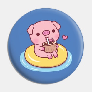 Cute Piggy Chilling On Pool Float And Drinking Coconut Water Pin