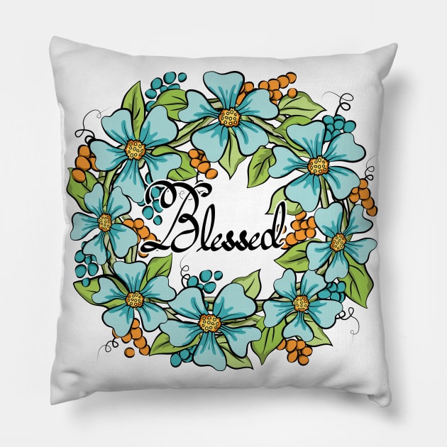 Blessed Floral Wreath Art Pillow by Designoholic