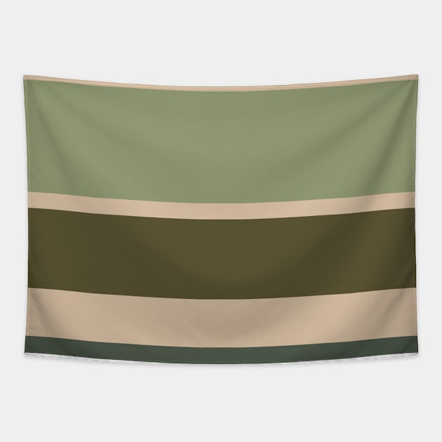 A singular integration of Camo Green, Beige, Grey/Green, Oxley and Gunmetal stripes. Tapestry by Sociable Stripes