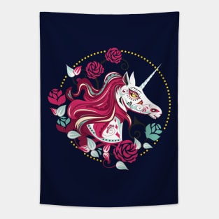 Day Of The Dead Sugar Skull Unicorn With Roses Tapestry