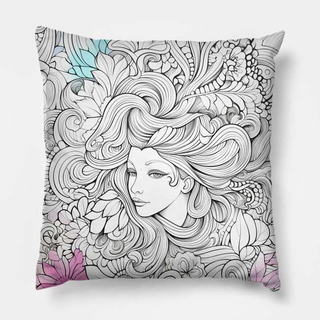 Young Woman's Flowing Hair Merging with Natural Elements Pillow by LaP shop