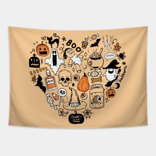 Spooky Cute Halloween Doodles - Skulls & Witchcore Heart Tapestry