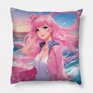 Anime Girl Graphic Colorful  hair and Eye-Catching Design for Any Outfit Pillow