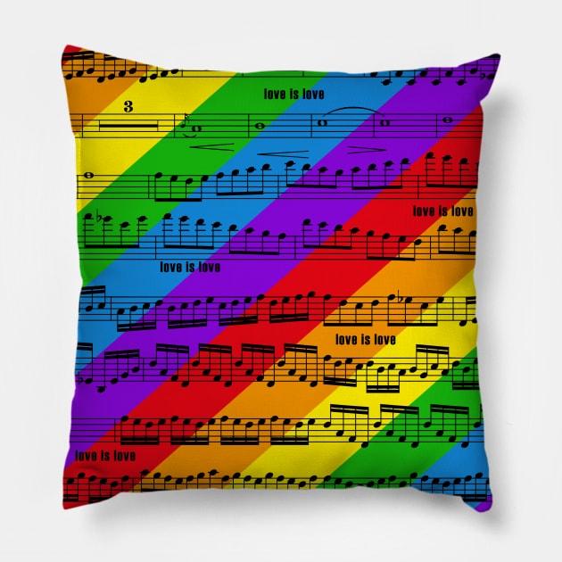love is love - pride music notes - sheet music black on rainbow Pillow by kobyakov