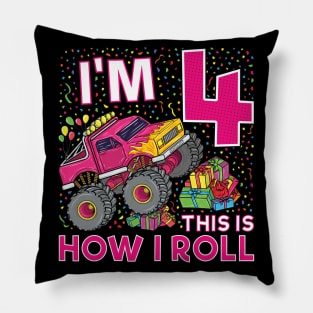 4th Birthday Monster Truck Party Gift 4 Year Old Girl Pillow