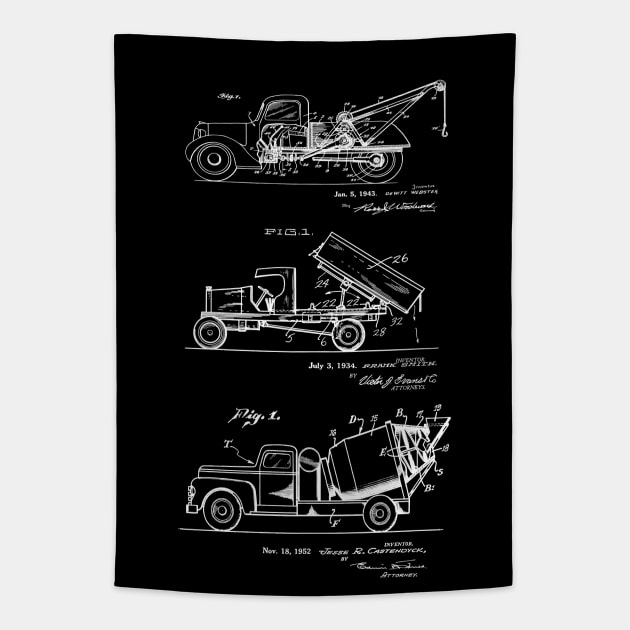 3 Trucks - Dump Truck, Tow Truck, Cement Truck Patents Tapestry by MadebyDesign