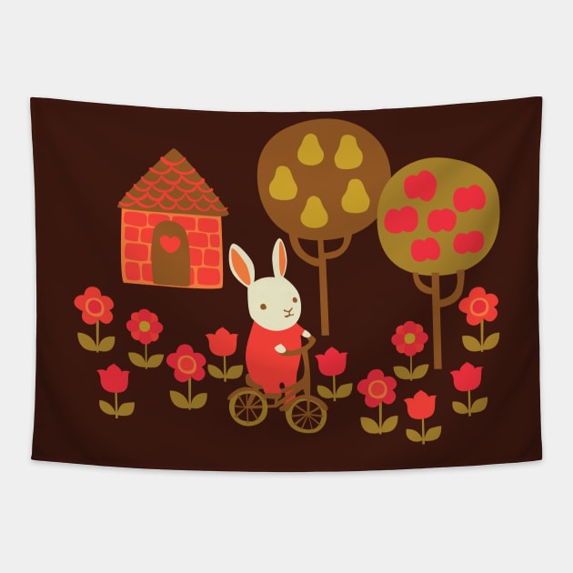 Vintage Bunny Bike Ride T-Shirt {Chocolate} Tapestry by Cecilia Mok