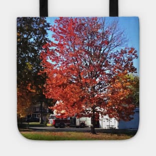 Fire Engine by Fire Station in Autumn Tote