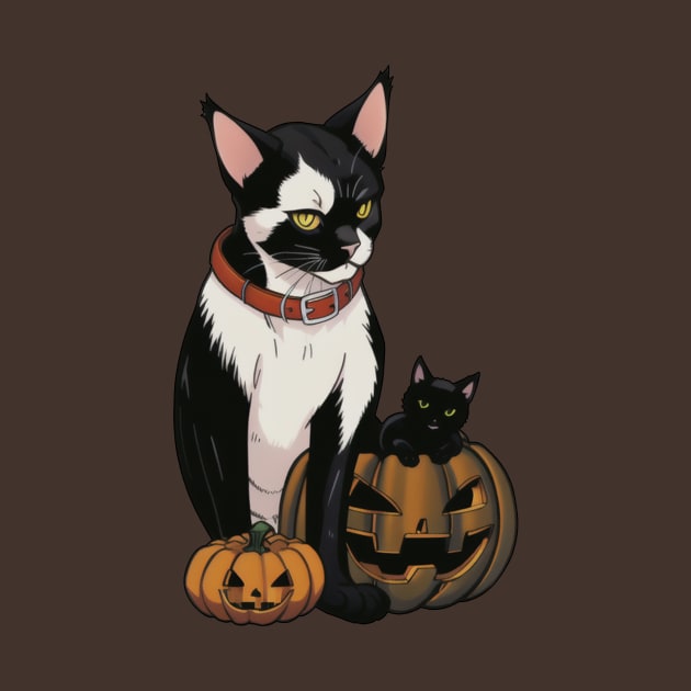 Spooky Halloween Night - Black Cat and Kid Cat in a Scary Pumpkin by Rishirt