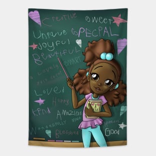 African American Dark Brown Girl and Positive Words Tapestry