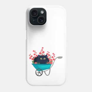 black cat in a garden wheelbarrow with red flowers Phone Case