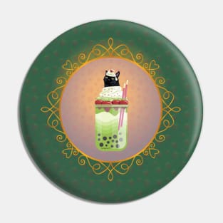 Black Cat Matcha Boba Tea (Green Background) Pin