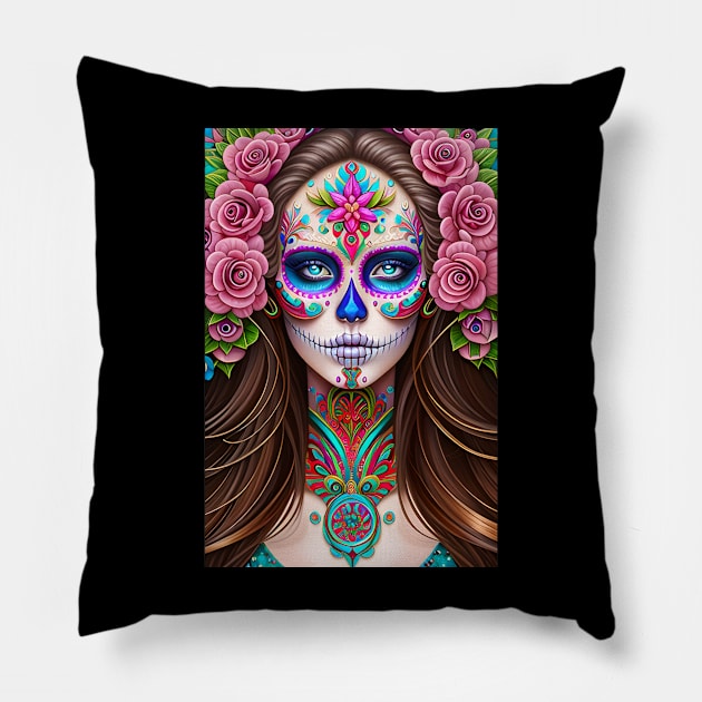 Sugar Skull Art - Colorful Woman in Sugar Skull Makeup Pillow by ImaginativeInkPOD