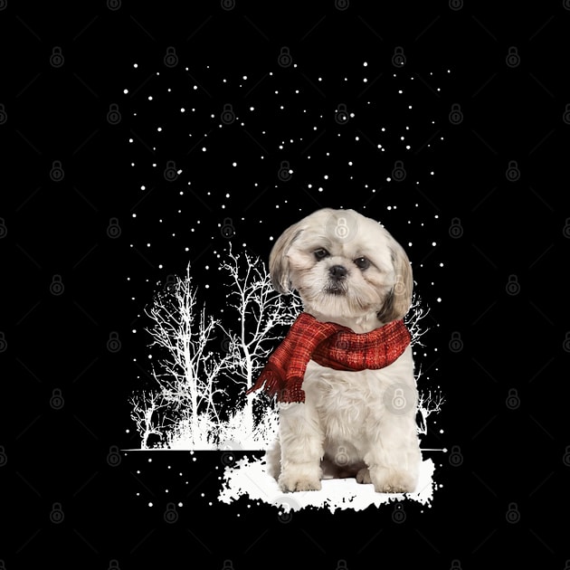 Christmas Shih Tzu With Scarf In Winter Forest by SuperMama1650