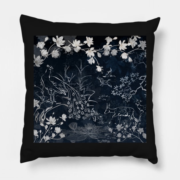 Peacock on dark background with magnolia and sakura tree Pillow by sinemfiit