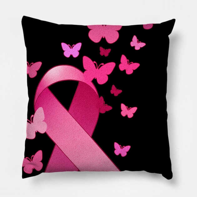 Breast Cancer Awareness Ribbon And Butterflies Gift Print Pillow by Linco