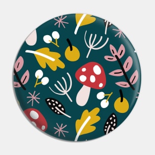 Leaves and mushroom pattern - red, yellow and pink on green Pin