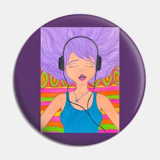 Girl with Headphones Singing Pin