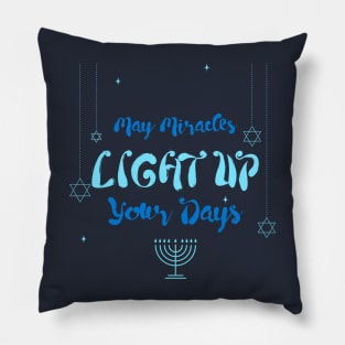 “May Miracles Light Up Your Days” Hanukkah Themed Design Pillow