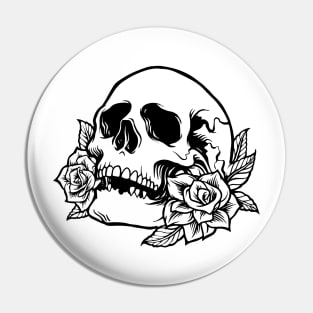 Drawn Skull with Roses Pin