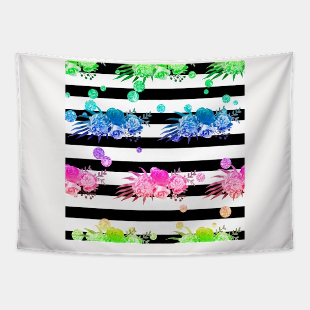 Neon Floral Neck Gator Black and White Stripe Tapestry by DANPUBLIC