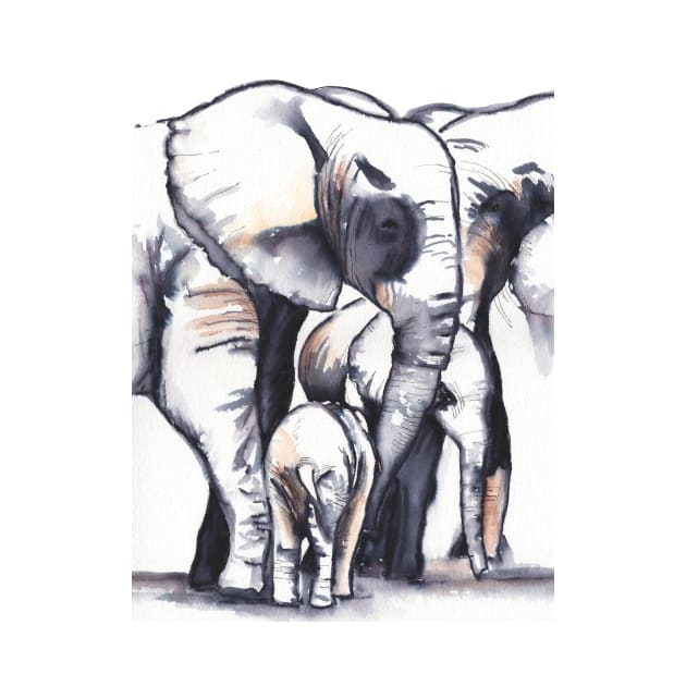 Family love - elephant painting in ink and watercolors by kittyvdheuvel