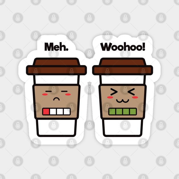 Meh. Woohoo! | Coffee Cup Friends | Charging | Low High Battery | Cute Kawaii | Dark Gray Magnet by Wintre2