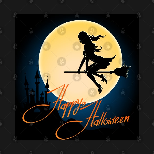 Happy Halloween poster with witch on a broom by devaleta