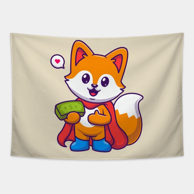 Cute Fox Super Hero Holding Money Cartoon Tapestry by Catalyst Labs